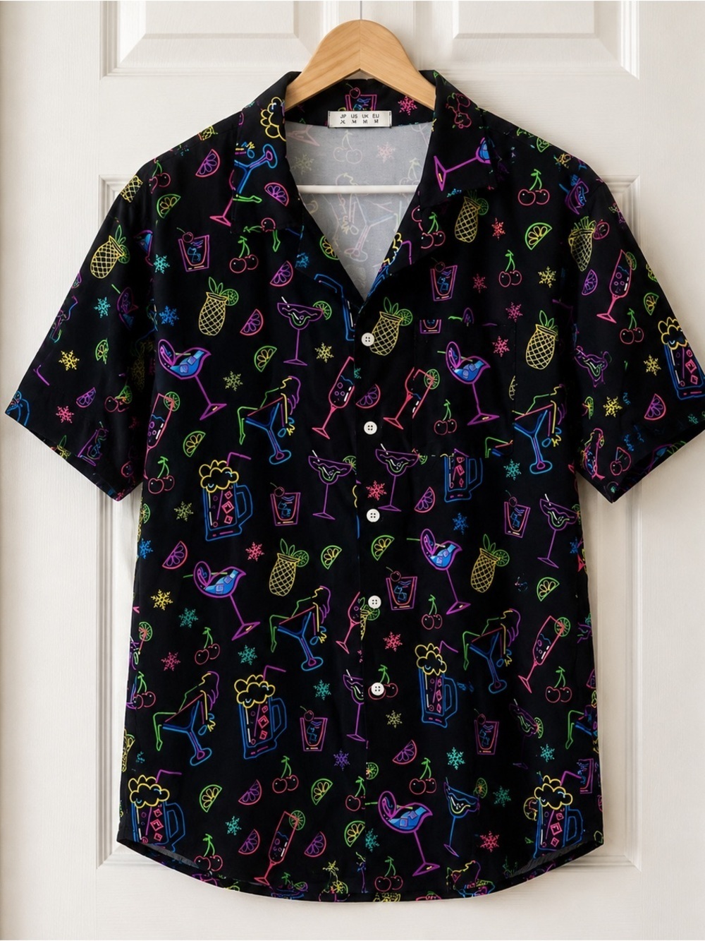 Retro Neon Cocktail Print Button Up Shirt Men’s M Black Party Hawaiian Shirt